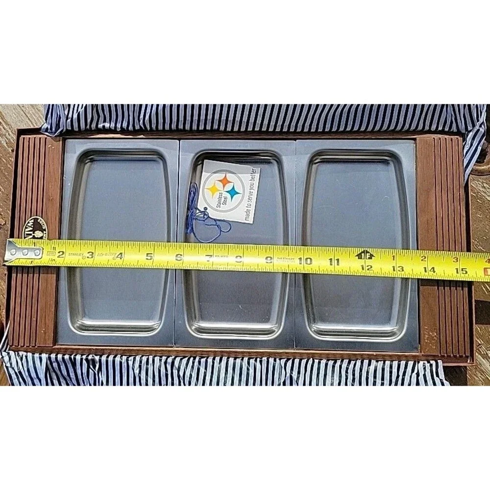 Vintage Flair by Foley Triple Server Solid Walnut & Stainless Steel MCM Picnic